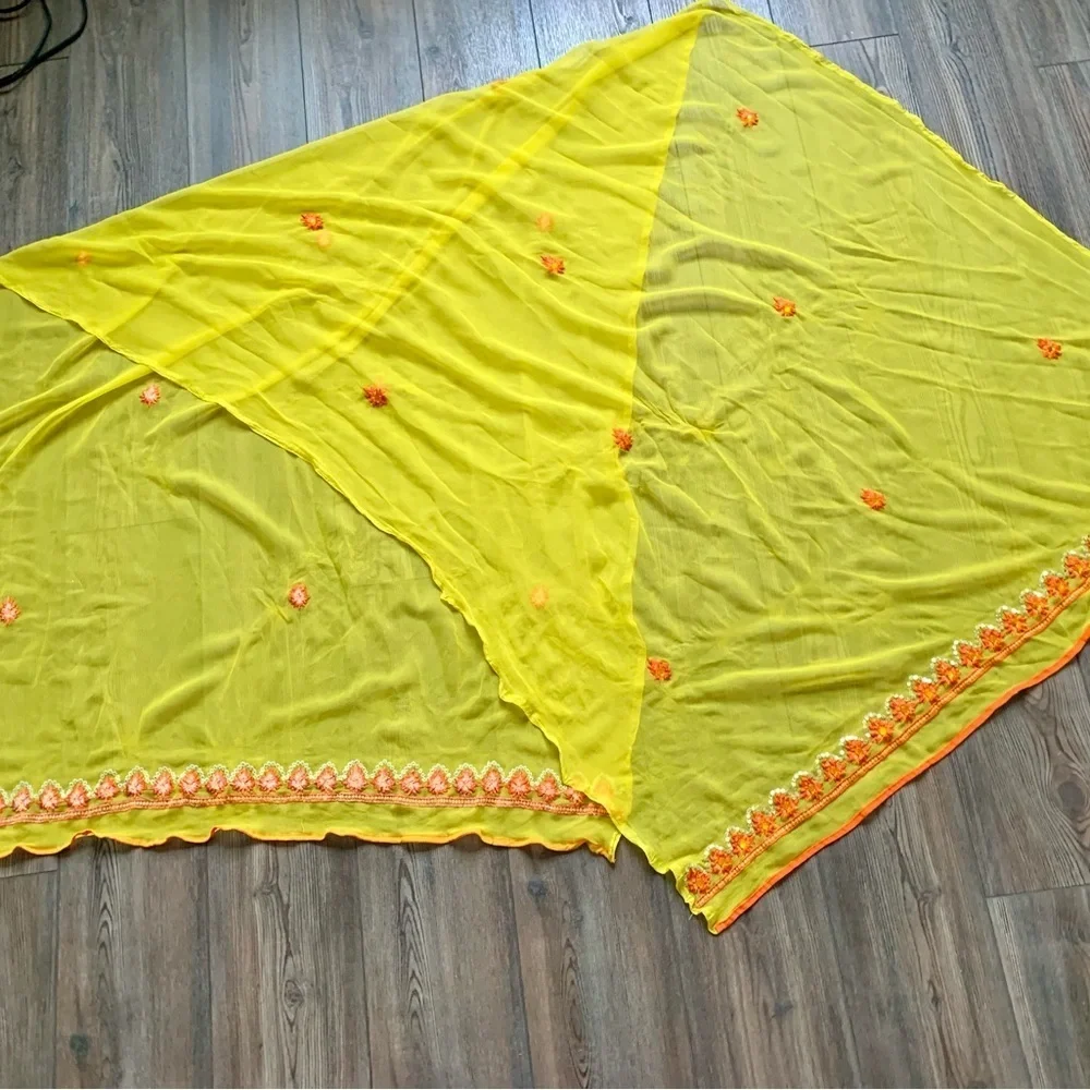 Yellow Sheer Scarf with Red Floral Accents 40/82 inches